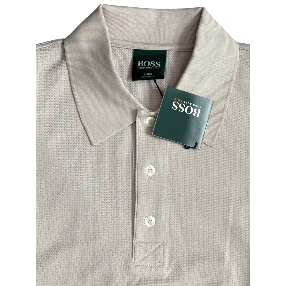 Hugo Boss Golf Polo Shirt Mens XL Light Tan Waffle Knit Cotton Made in Italy NWT